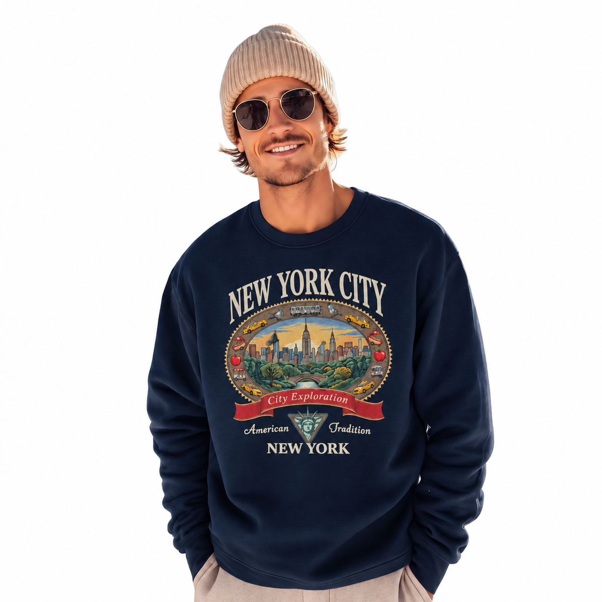 New York City Exploration Central Park Vintage Sweatshirt - Navy (Male Model)