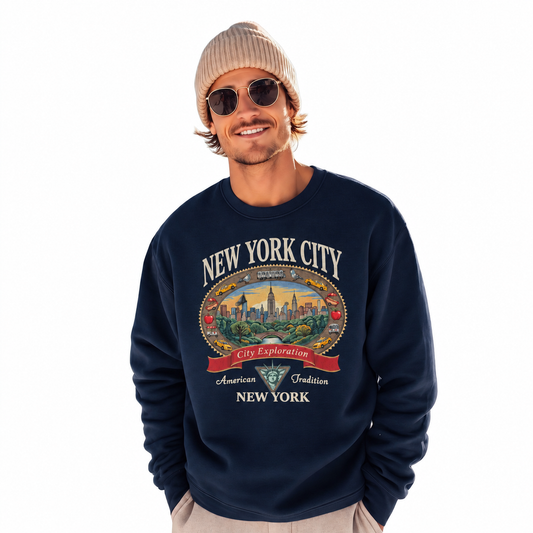 New York City Exploration Central Park Vintage Sweatshirt - Navy (Male Model)