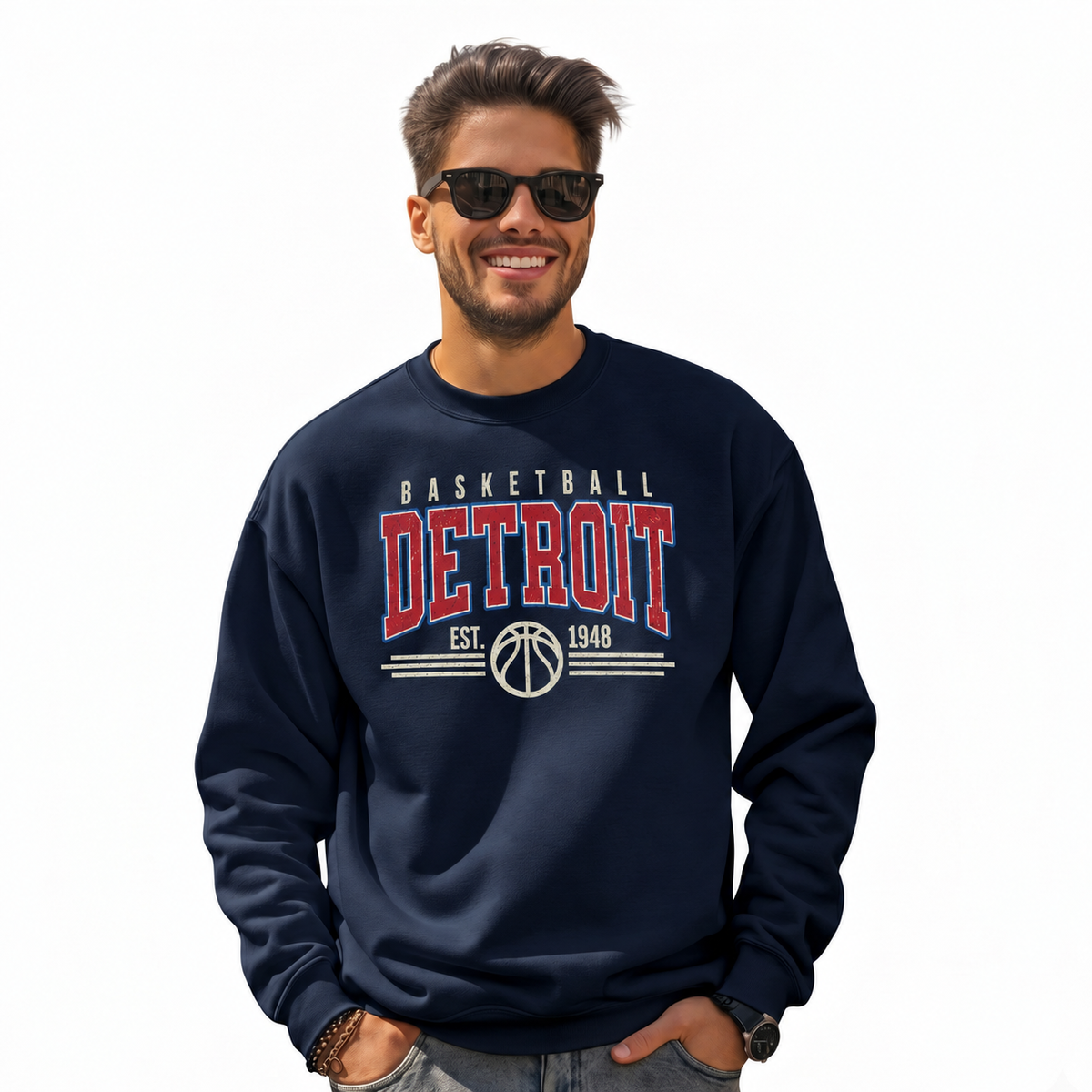 Detroit Basketball Vintage Retro Gameday Classic Sweatshirt - Navy (Male Model)