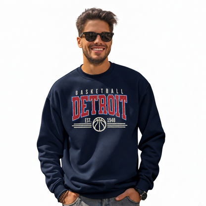 Detroit Basketball Vintage Retro Gameday Classic Sweatshirt - Navy (Male Model)