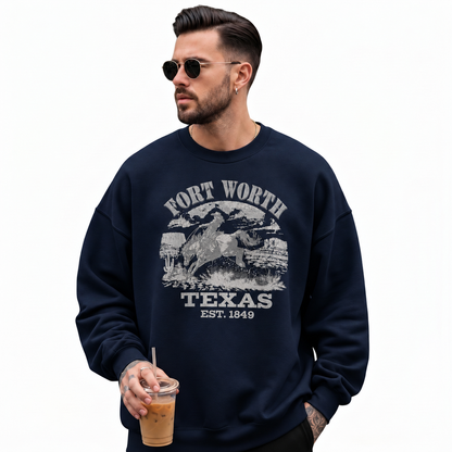 Fort Worth Texas Rodeo Cowboy Vintage Heritage Sweatshirt - Navy (Male Model)