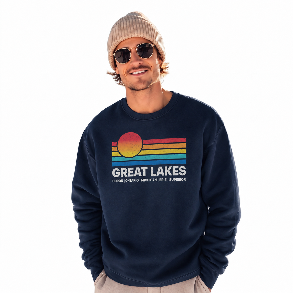Great Lakes Retro Sunset Horizon Vintage Sweatshirt - Navy (Male Model)