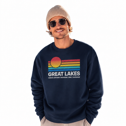 Great Lakes Retro Sunset Horizon Vintage Sweatshirt - Navy (Male Model)