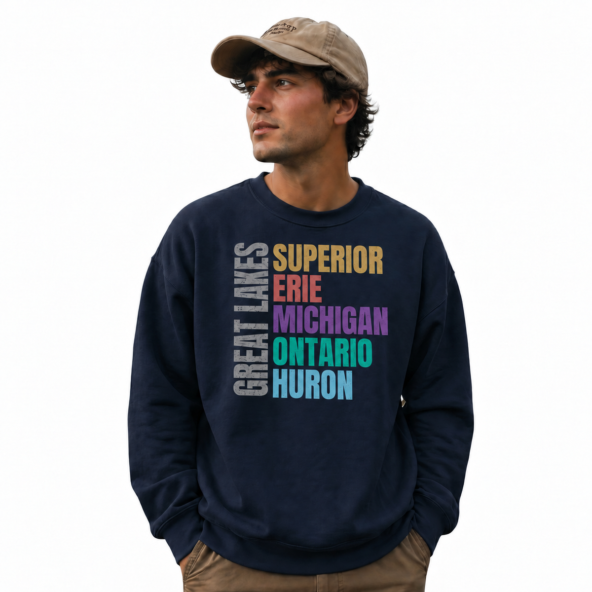 Great Lakes Michigan Freshwater Basin Retro Sweatshirt - Navy (Male Model)