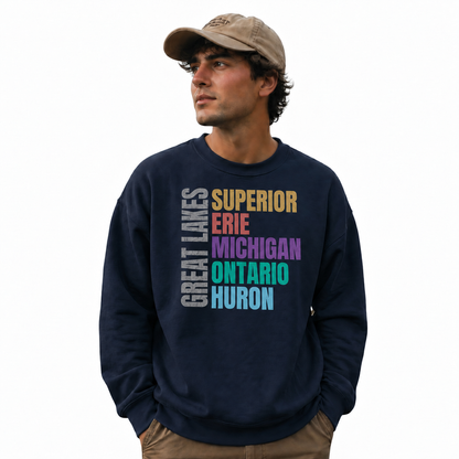 Great Lakes Michigan Freshwater Basin Retro Sweatshirt - Navy (Male Model)