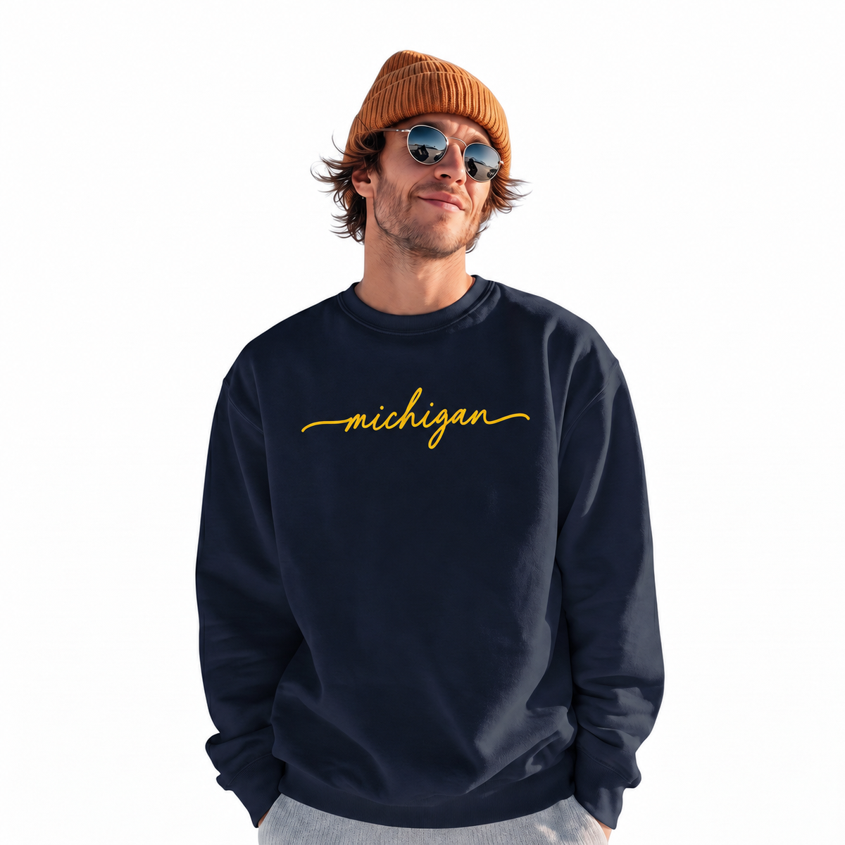 Michigan Maize Gold Vintage Athletic Collegiate Sweatshirt - Navy (Male Model)