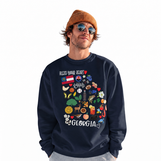 Georgia Peach State Vintage Symbols Icons Collage Sweatshirt - Navy (Male Model)