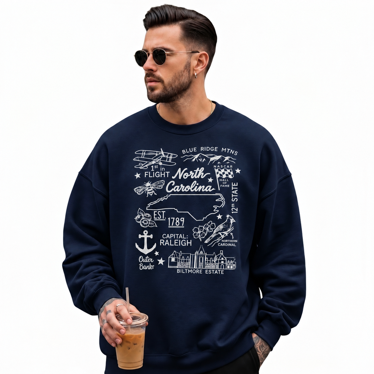 North Carolina Retro Arched Varsity Athletic Classic Sweatshirt - Navy (Male Model)