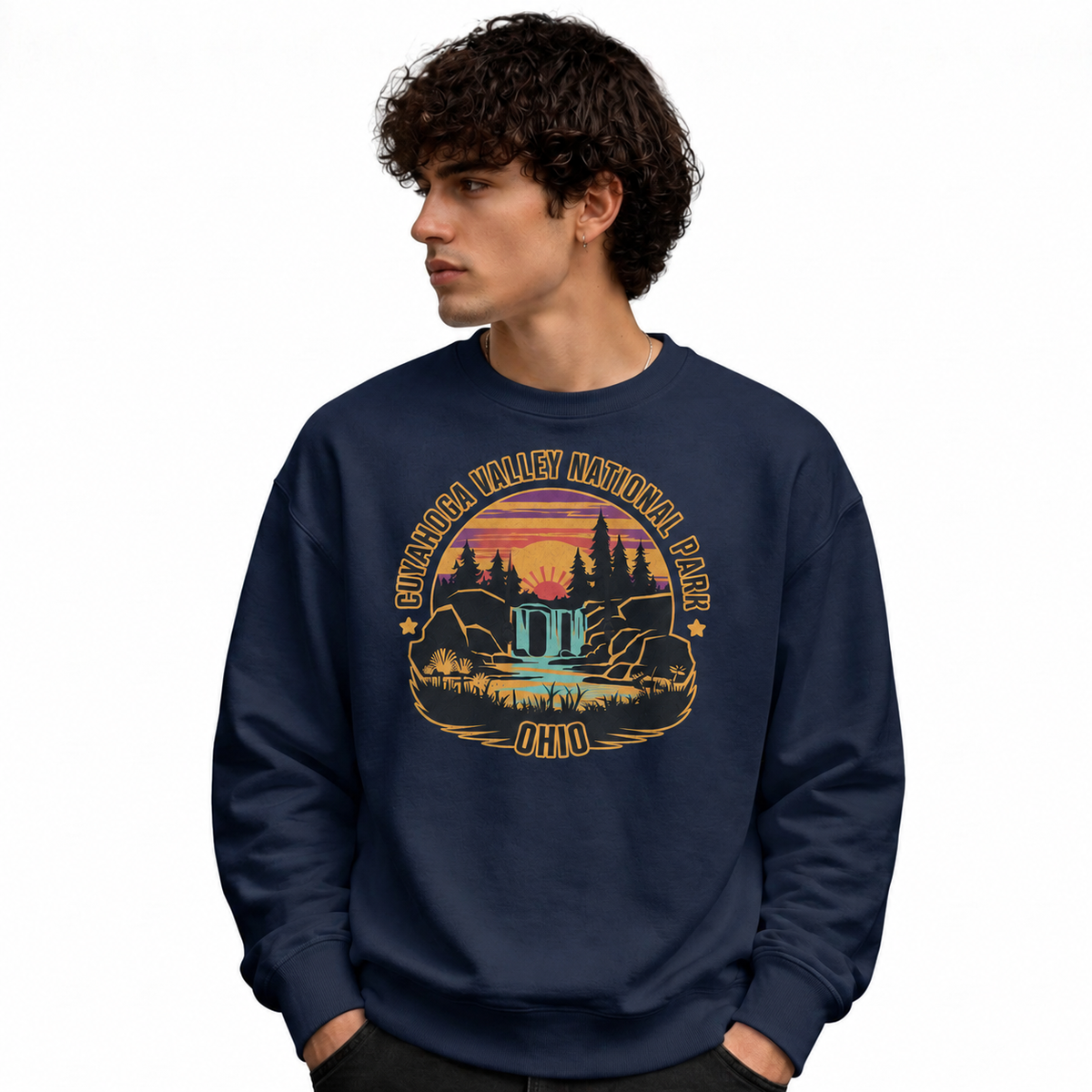 Cuyahoga Valley Ohio National Park Scenic Sweatshirt - Navy (Male Model)