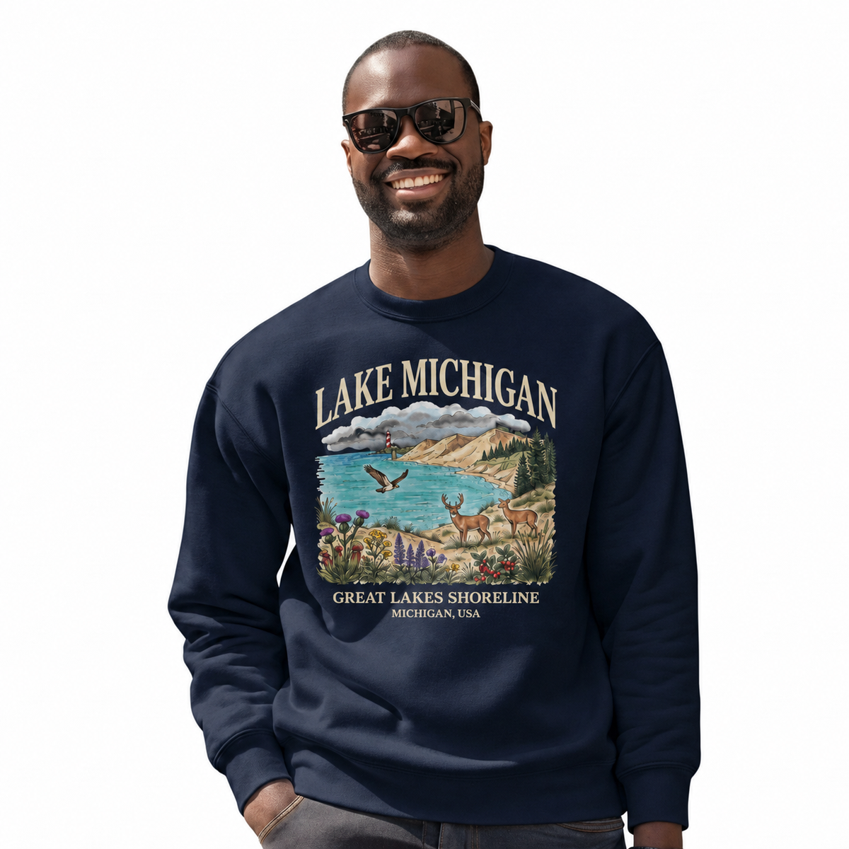 Lake Michigan Scenic Coastal Pine Vintage Sweatshirt - Navy (Male Model)
