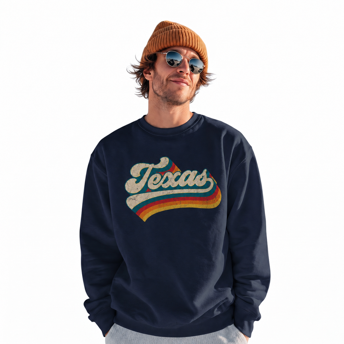 Texas Collegiate Varsity Athletic Lettering Vintage Distressed Sweatshirt - Navy (Male Model)