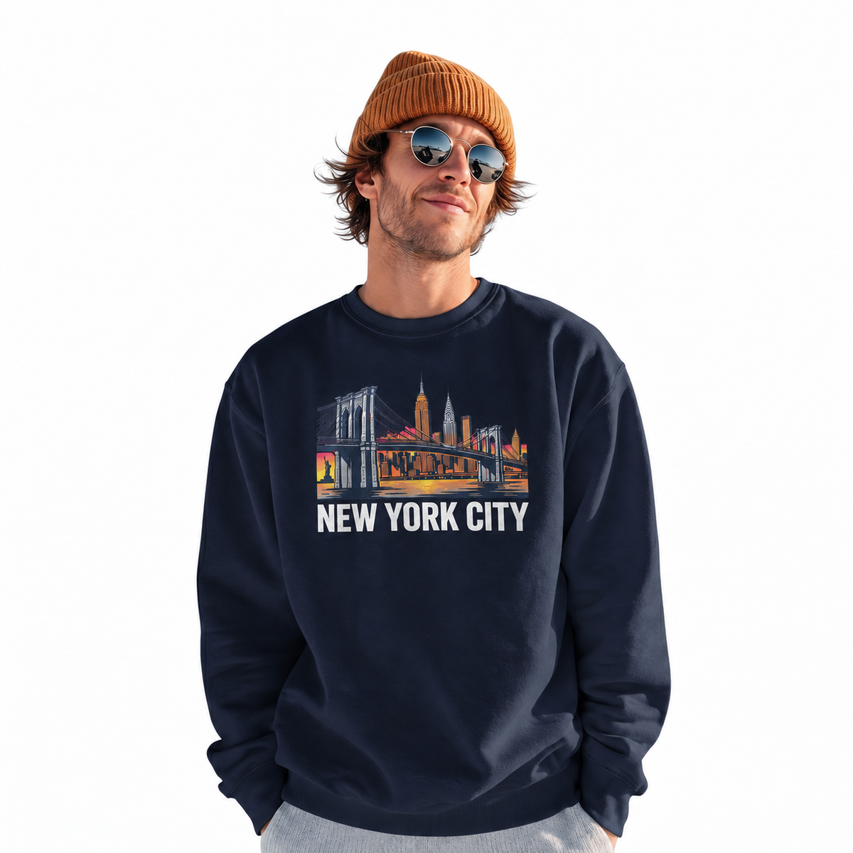 Brooklyn Bridge Manhattan Skyline Vintage Retro Sweatshirt - Navy (Male Model)