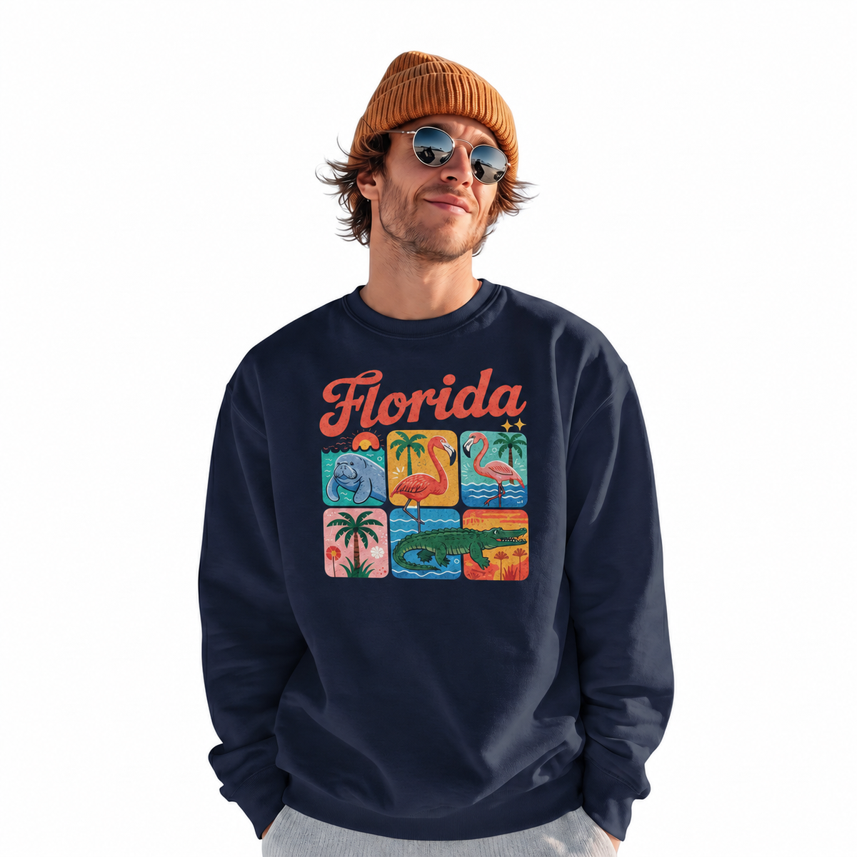 Florida Retro Coastal Sunset Horizon Graphic Sweatshirt - Navy (Male Model)