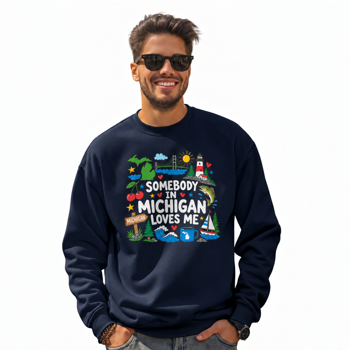 Michigan Retro Colorful Vibrant State Pride Sweatshirt - Navy (Male Model)