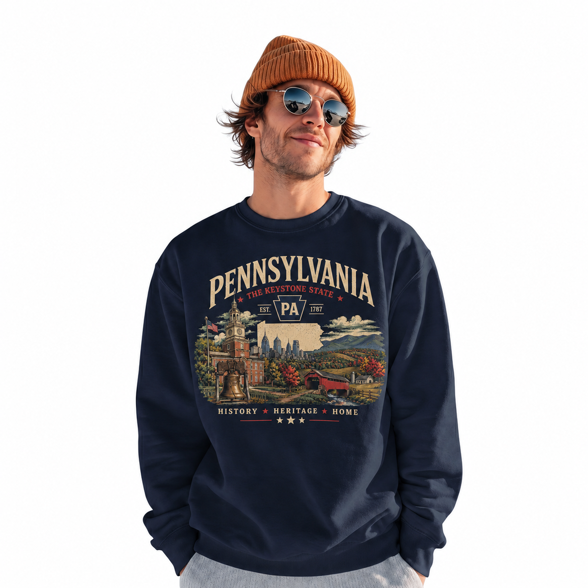 Pennsylvania Scenic Heritage Landscape Vintage Sweatshirt - Navy (Male Model)