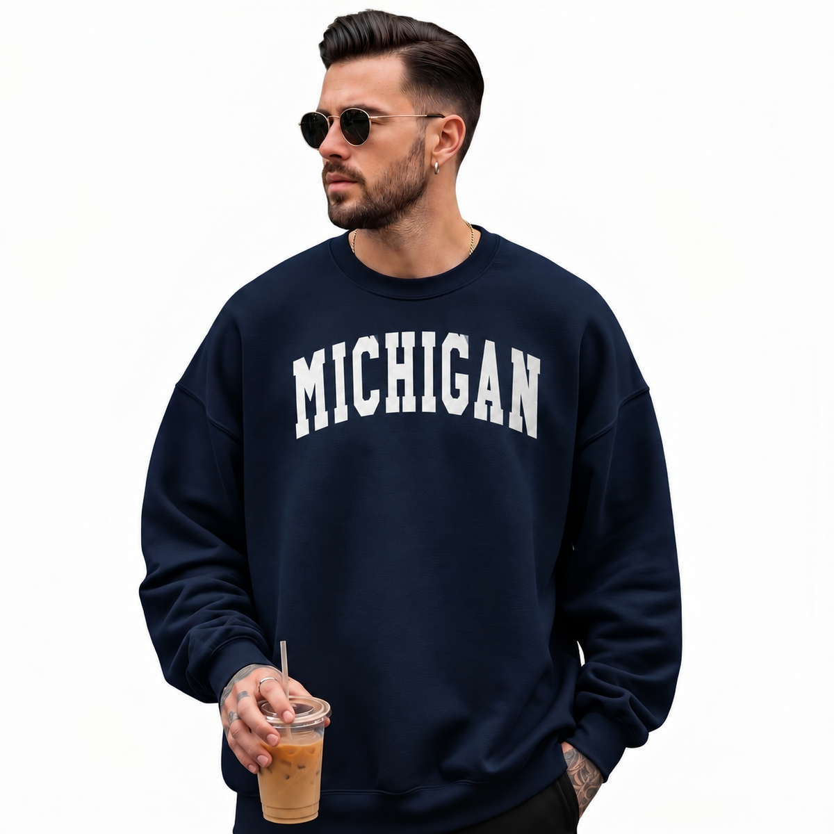 Michigan Retro Arched Varsity Collegiate Vintage Sweatshirt - Navy (Male Model)