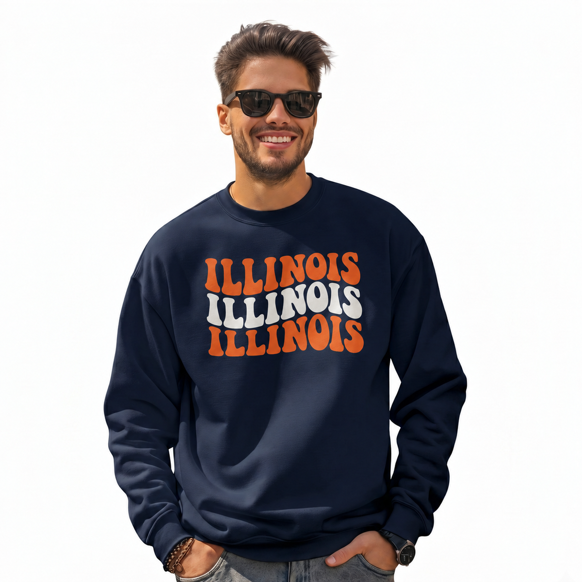 Illinois Retro Stacked Varsity Block Lettering Sweatshirt - Navy (Male Model)