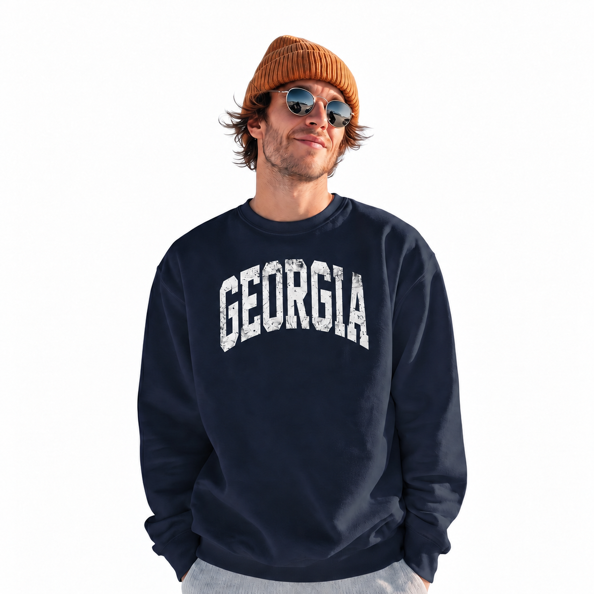 Georgia Bold Distressed Varsity Collegiate Vintage Sweatshirt - Navy (Male Model)