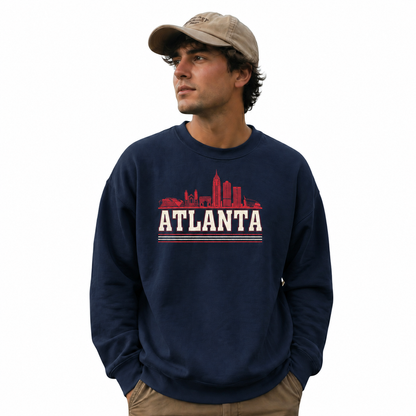 Atlanta Georgia City Skyline Collegiate Retro Vintage Sweatshirt - Navy (Male Model)
