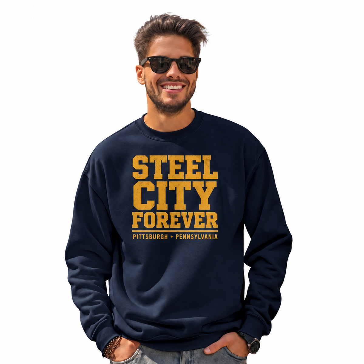 Pennsylvania Steel City Pittsburgh Athletic Vintage Sweatshirt - Navy (Male Model)