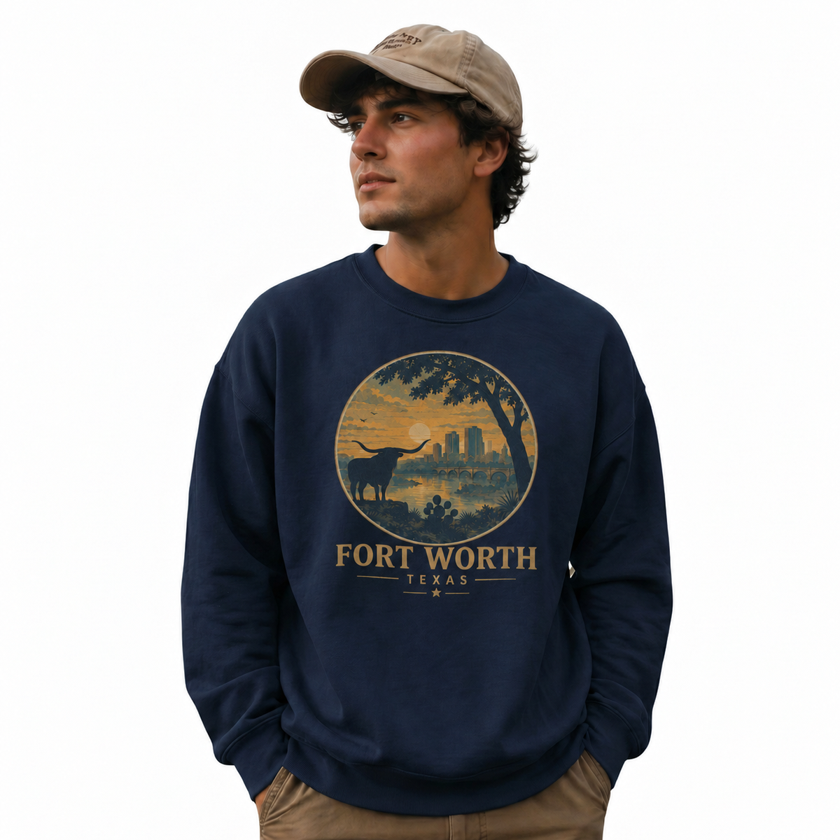 Fort Worth Texas Vintage Cityscape Heritage Graphic Sweatshirt - Navy (Male Model)