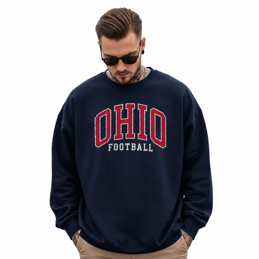 Ohio Football Vintage Gridiron Heritage Classic Sweatshirt - Navy (Male Model) | The State Threads