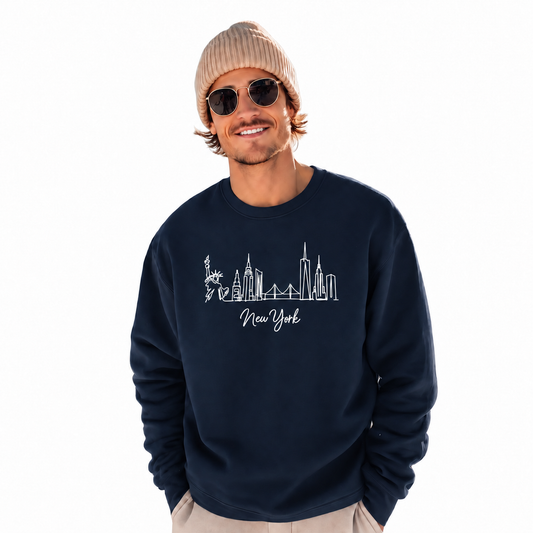 Brooklyn Bridge Starry Night Skyline Silhouette Retro Sweatshirt - Navy (Male Model)