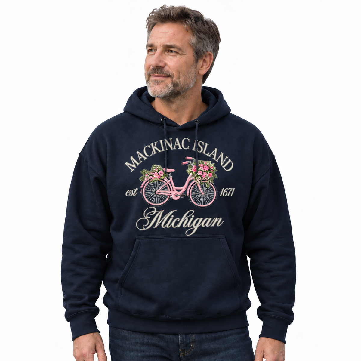 Mackinac Island Michigan Est 1671 Pink Bicycle Navy Hoodie