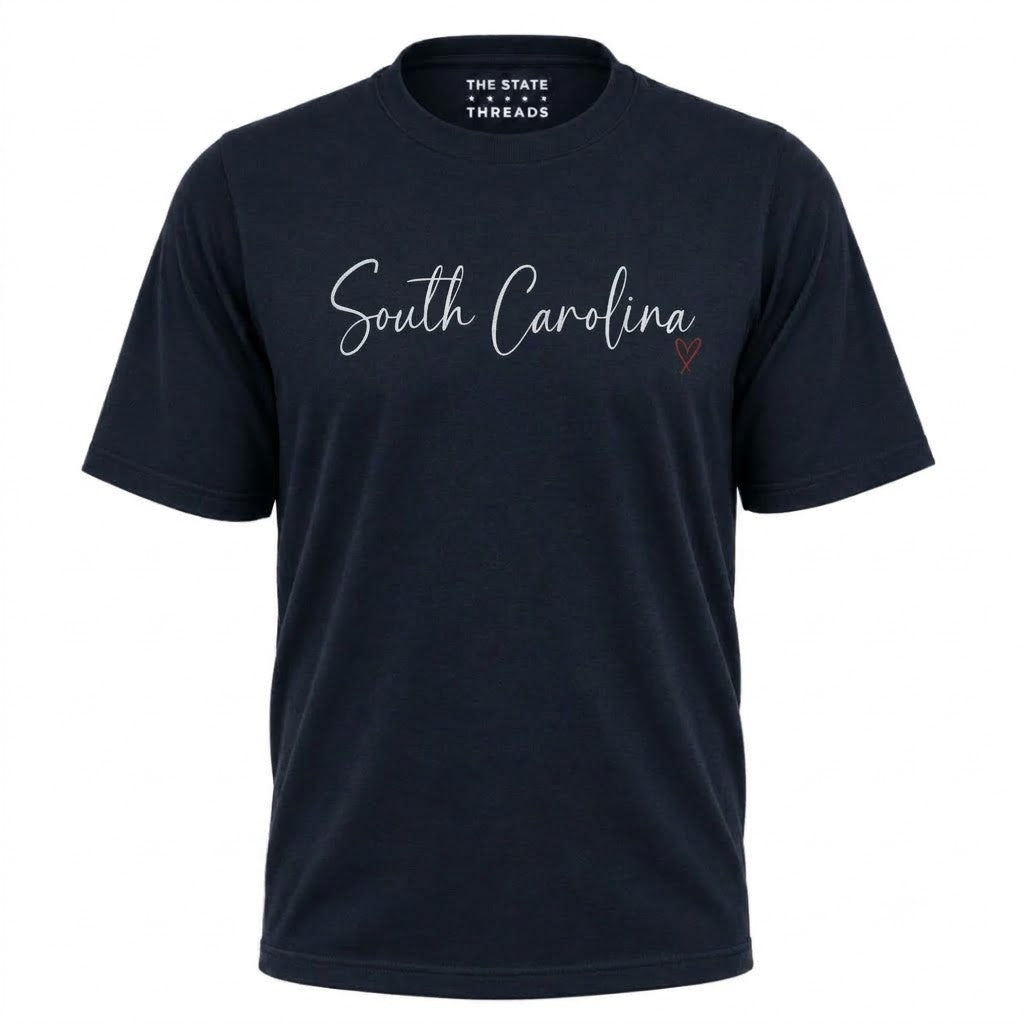 South Carolina Cursive Script Red Heart Graphic Shirt