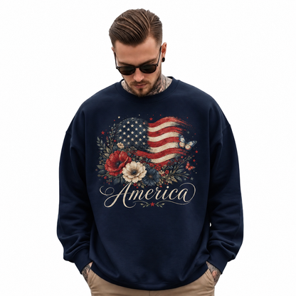 America Watercolor Floral Flag Butterfly Sweatshirt