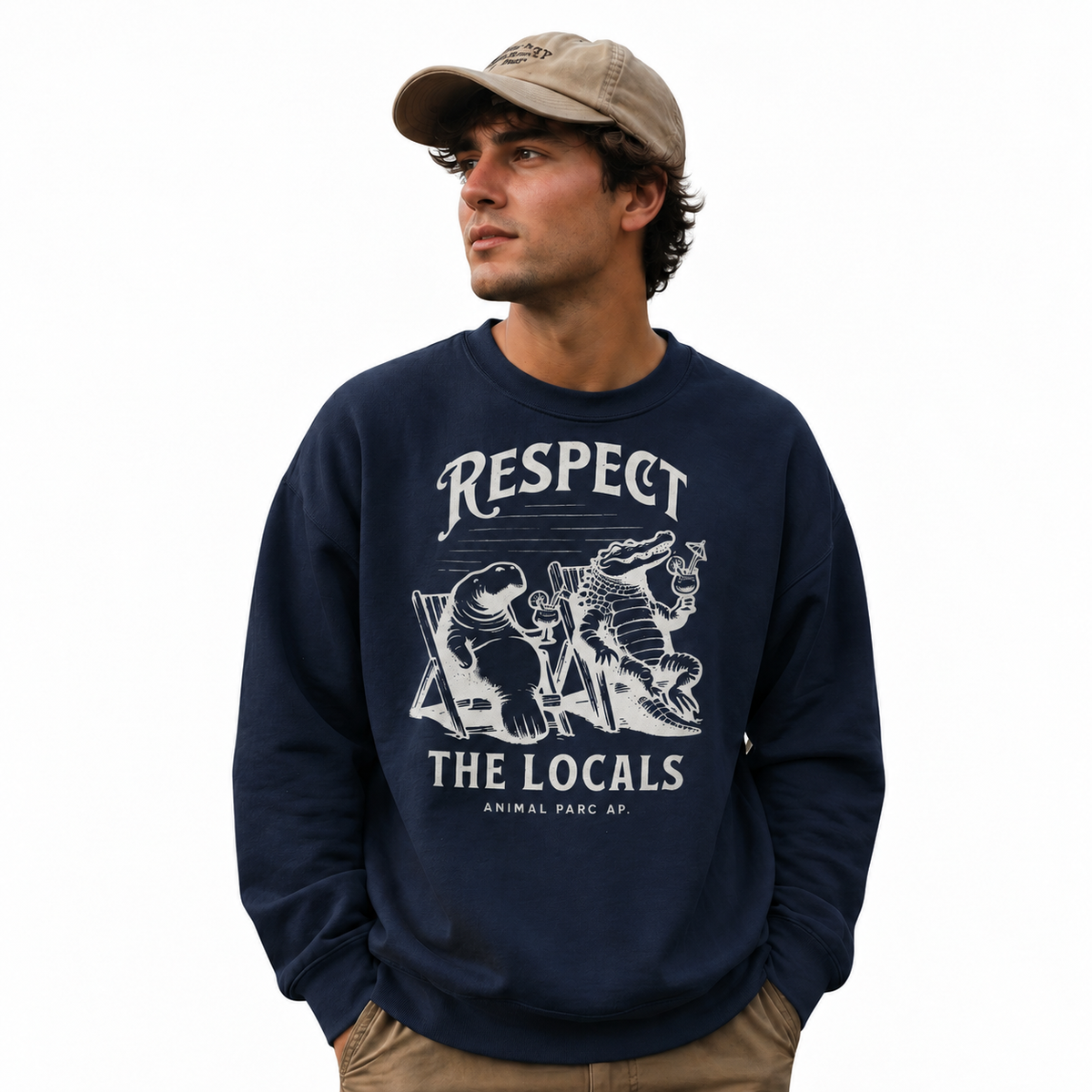 Florida Respect The Locals Manatee Alligator Sweatshirt - Navy (Male Model)