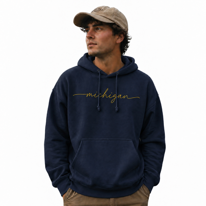 Michigan Minimalist Yellow Script Hoodie