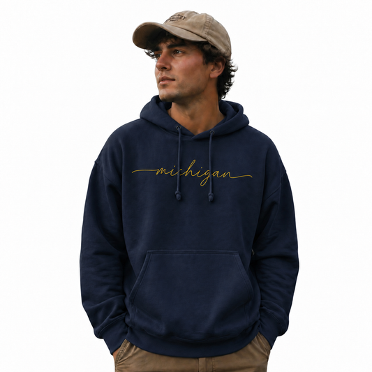 Michigan Minimalist Yellow Script Hoodie