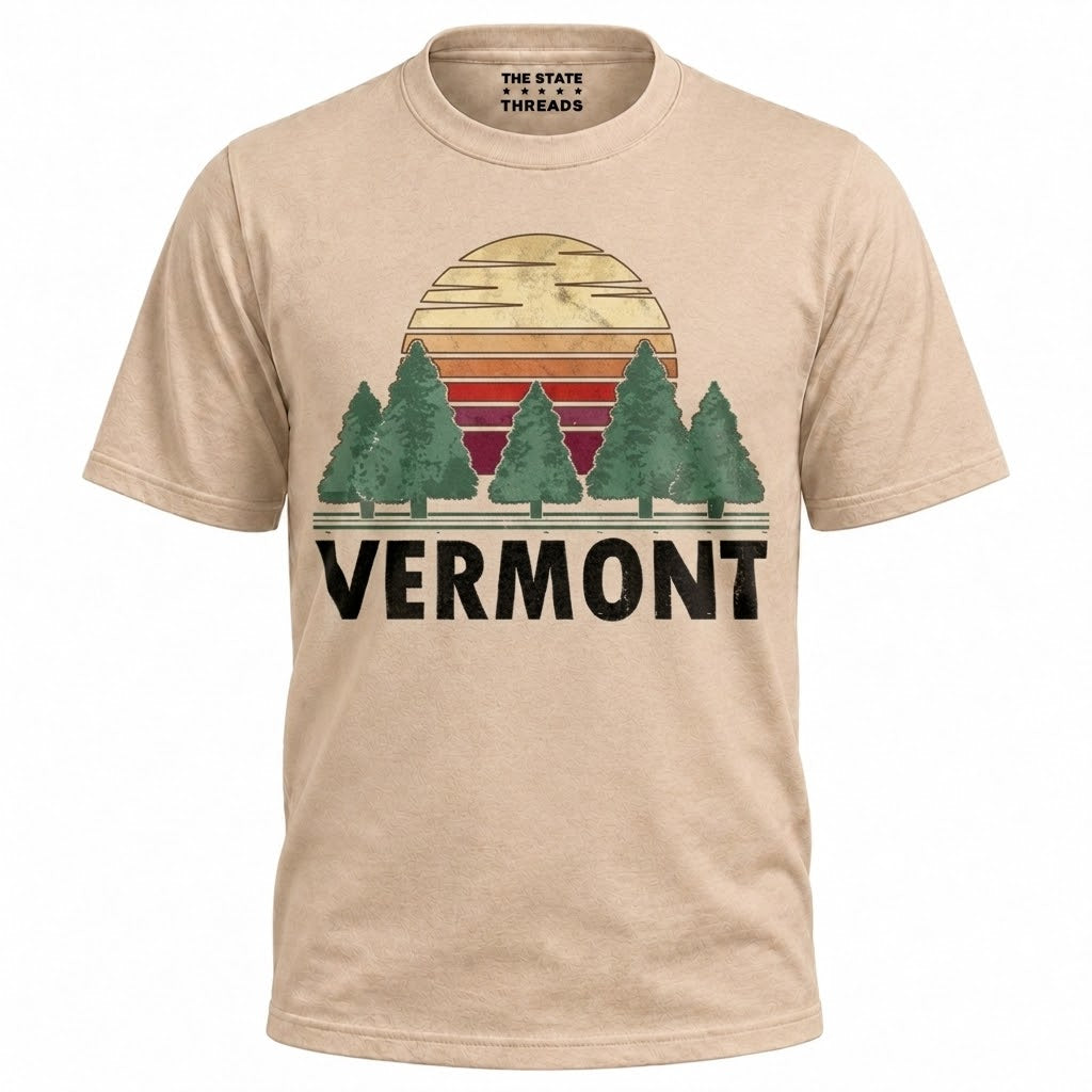 Vermont Retro Sunset Pine Trees Nature Hiking Shirt