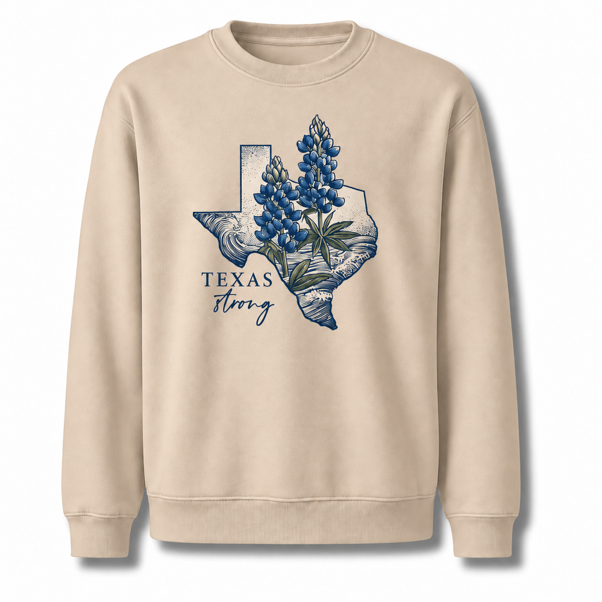 Texas Strong Bluebonnet Wildflower Botanical Vintage Distressed Sweatshirt - Sand