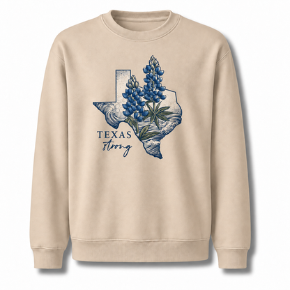 Texas Strong Bluebonnet Wildflower Botanical Vintage Distressed Sweatshirt - Sand