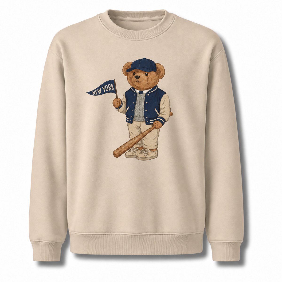 New York Baseball Teddy Bear Vintage Athletic Sweatshirt - Sand