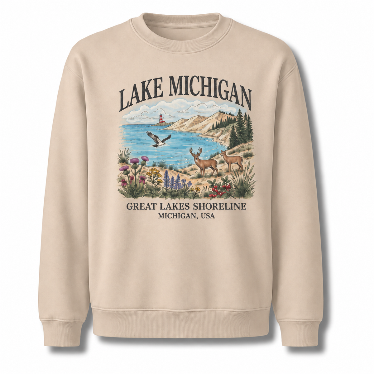 Lake Michigan Scenic Coastal Pine Vintage Sweatshirt - Sand