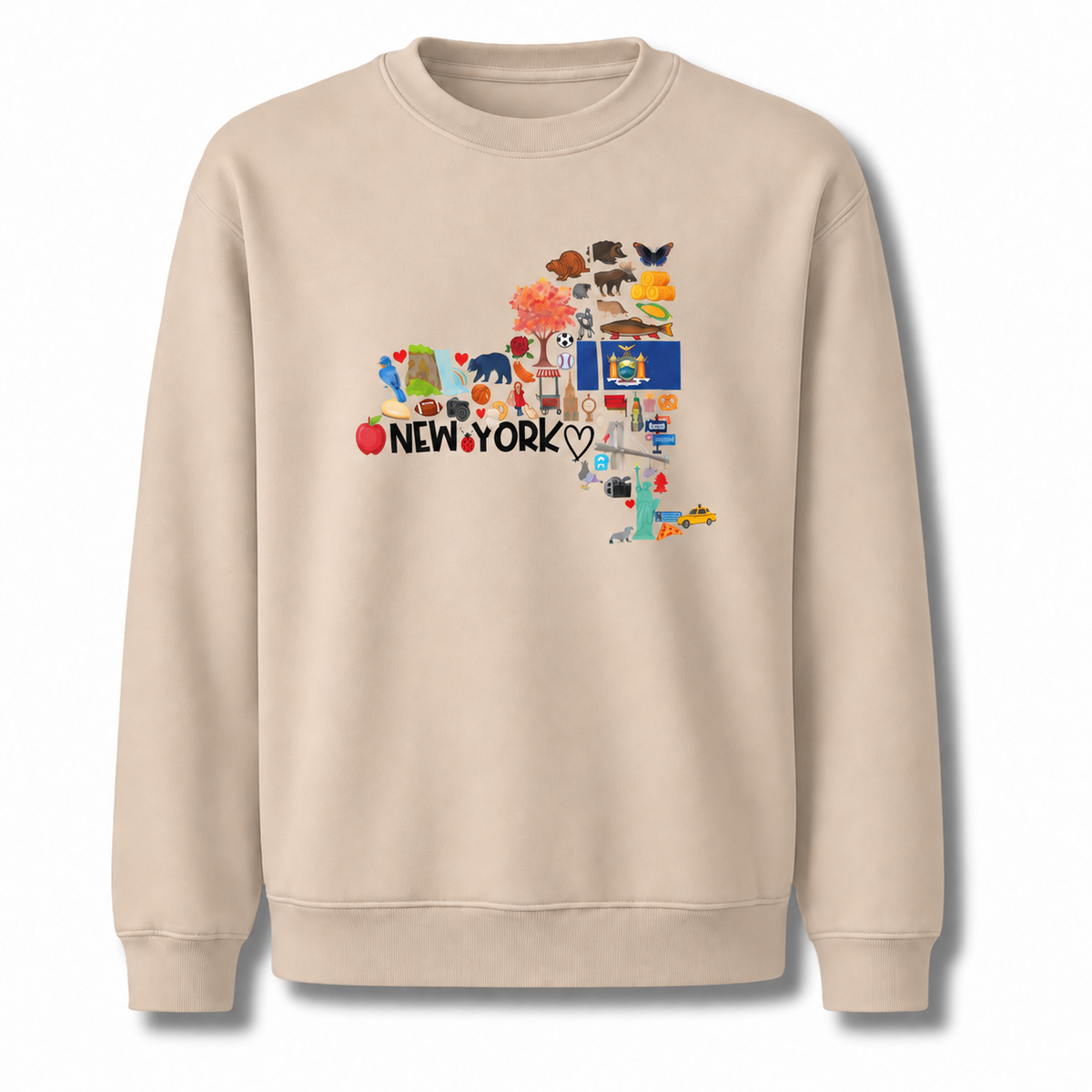 New York State Map Landmarks Icons Collage Sweatshirt - Sand