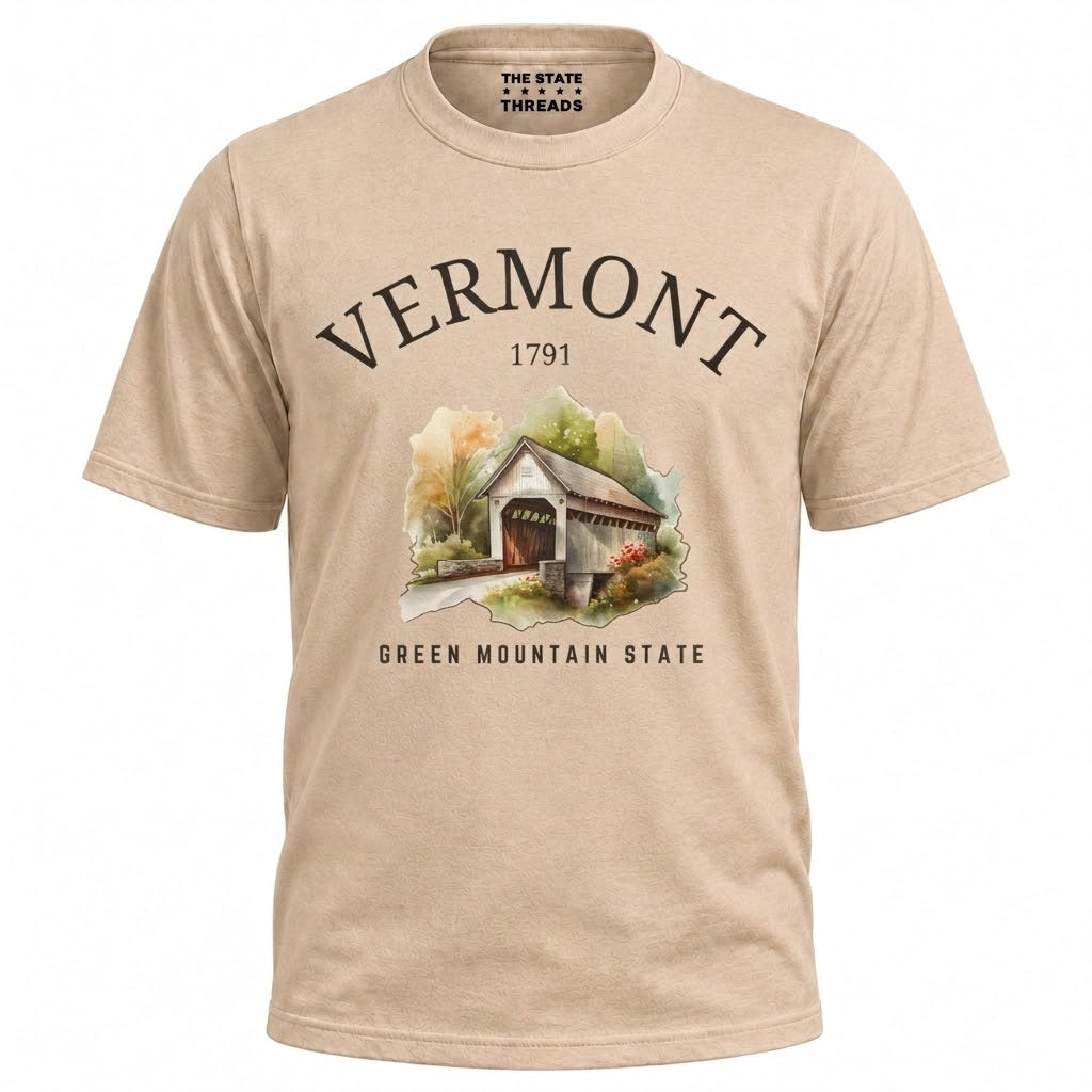 Vermont Green Mountain State Watercolor Covered Bridge Shirt