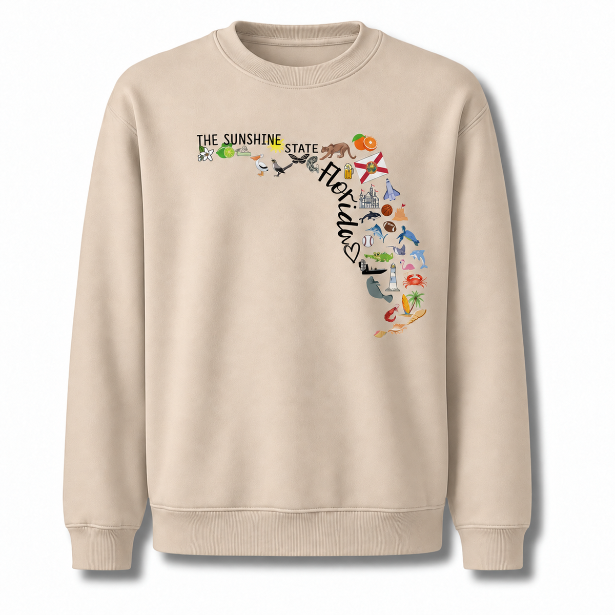 Florida Illustrated Landmarks Travel Map State Sweatshirt - Sand