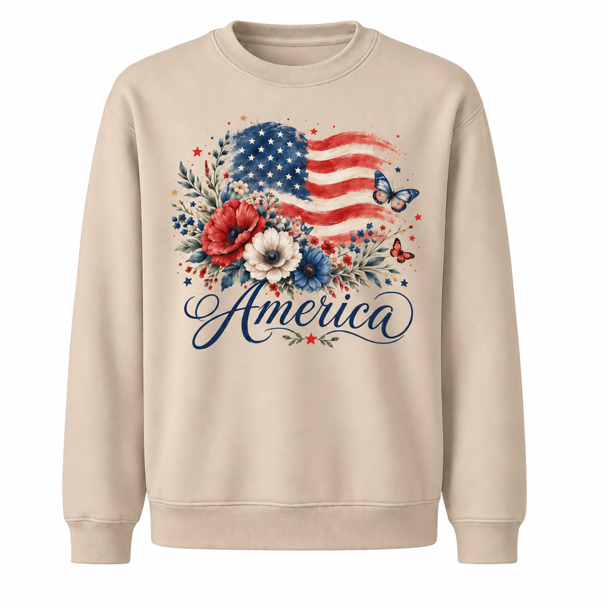 America Watercolor Floral Flag Butterfly Sweatshirt