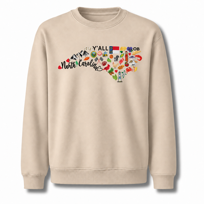 North Carolina State Map Landmarks Icons Collage Sweatshirt - Sand