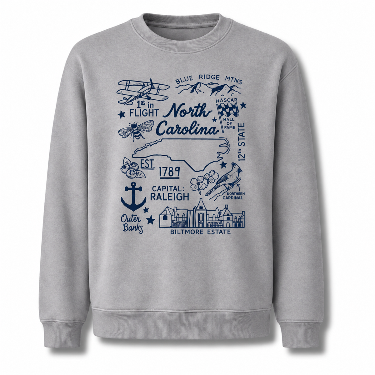 North Carolina Retro Arched Varsity Athletic Classic Sweatshirt - Sport Grey