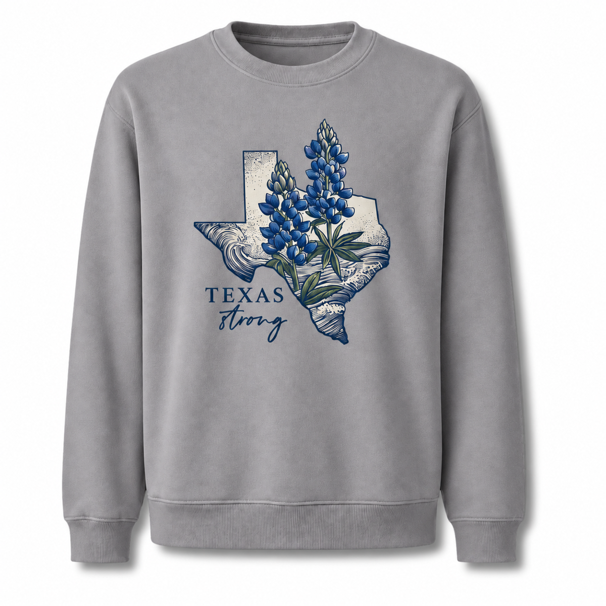Texas Strong Bluebonnet Wildflower Botanical Vintage Distressed Sweatshirt - Sport Grey