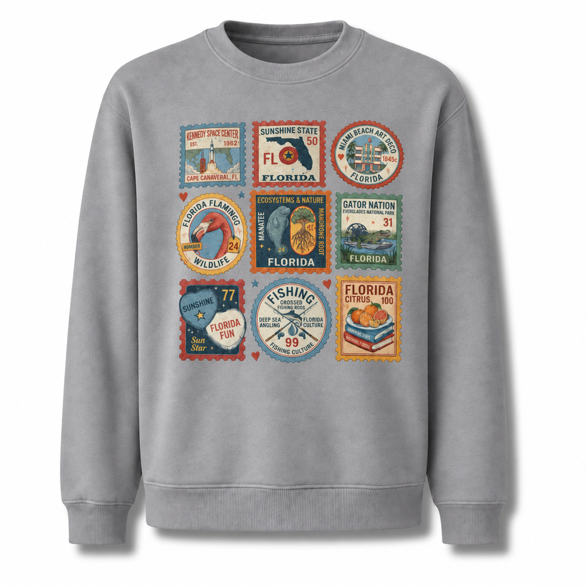Florida Vintage Travel Postage Stamps Collage Sweatshirt - Sport Grey