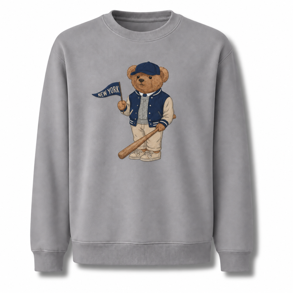 New York Baseball Teddy Bear Vintage Athletic Sweatshirt - Sport Grey