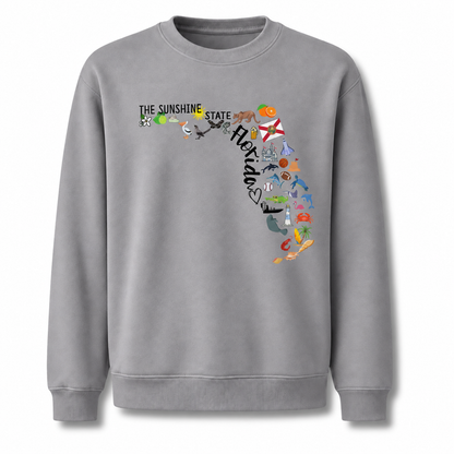 Florida Illustrated Landmarks Travel Map State Sweatshirt - Sport Grey