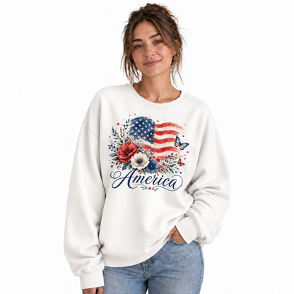 America Watercolor Floral Flag Butterfly Sweatshirt