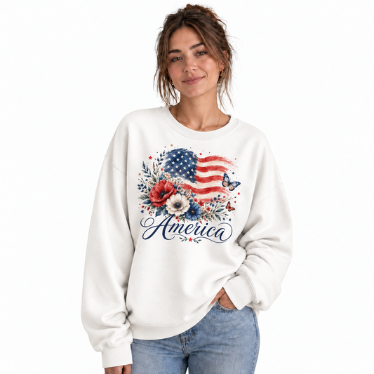 America Watercolor Floral Flag Butterfly Sweatshirt